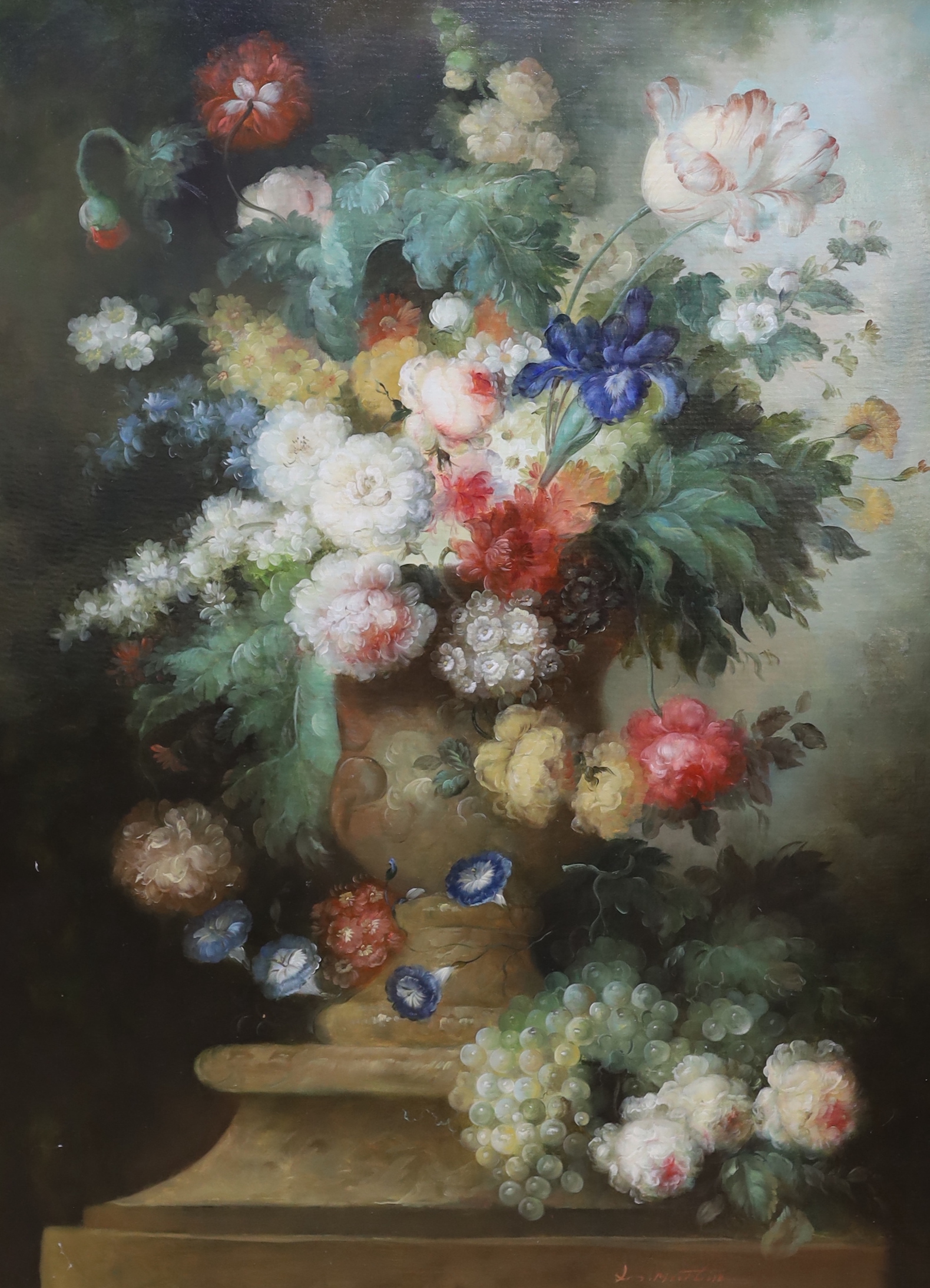 After the 17th century Dutch style, oil on canvas, Still life, vase of flowers and grapes in a vase and on a ledge, indistinctly signed, 120 x 89cm